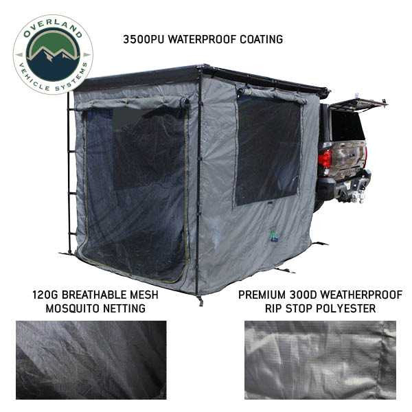 Image of a vehicle-mounted awning room enclosure attached to the rear of a pickup truck, grey ripstop polyester fabric with mesh window panels, shown fully deployed with feature callouts for waterproof coating and mosquito netting, angled rear and side view on a white background.