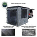 Image of a vehicle-mounted awning room enclosure attached to the rear of a pickup truck, grey ripstop polyester fabric with mesh window panels, shown fully deployed with feature callouts for waterproof coating and mosquito netting, angled rear and side view on a white background.
