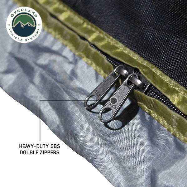 Image of a close-up of an awning room enclosure showing heavy-duty SBS double zippers with reinforced stitching on grey fabric and mesh panel, displayed in detail on a white background.