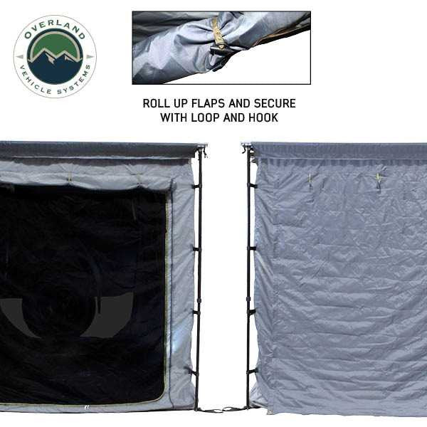 Image of a vehicle awning room enclosure showing roll-up wall flaps secured with hook-and-loop fasteners, featuring grey fabric panels with mesh and solid options, displayed side by side on a white background.