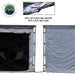 Image of a vehicle awning room enclosure showing roll-up wall flaps secured with hook-and-loop fasteners, featuring grey fabric panels with mesh and solid options, displayed side by side on a white background.