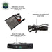 Image of various Nomadic tent accessories on a white background, including a handheld LED light in a grey storage bag, a rolled-up removable 40-inch LED Velcro light strip, and a black storage bag for stakes and paracord