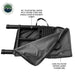Image of a black 96-inch telescoping ladder with a locking strap and double sheer attachment hinges, partially stored in its 420G Polyester Oxford ladder storage bag, displayed on a white background