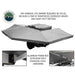 Image of a grey OVS Nomadic 270 Awning partially deployed with no poles, attached to the side of an overland trailer. Two close-up inset images highlight the aluminum frame, oversized hinges, and stainless steel hardware of the awning