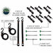 Image of the included hardware for the OVS Nomadic Awning, showing two sets of ballistic nylon tie-down straps, six sets of shock cords with retention hooks, and six heavy-duty ground stakes laid out on a white background