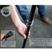 Image of a hand twisting the pivoting aluminum support pole for the OVS Nomadic Awning, demonstrating the twist and lock technology. An inset image shows the rubber non-slip foot at the end of the support pole