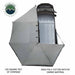 Image of the OVS Nomadic 270 Awning fully deployed from a vehicle, seen from a high angle to show the full 270-degree coverage of the light grey 280G poly cotton ripstop canvas material. The text indicates 129 square feet of coverage