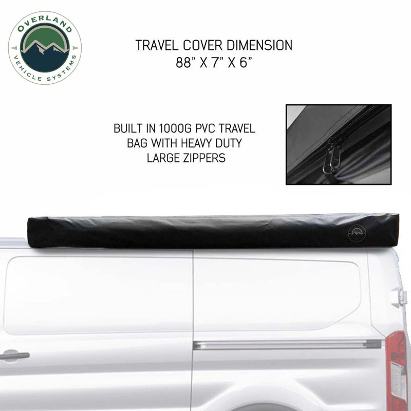 Image of the OVS Nomadic Awning in its black travel cover, mounted on top of a white van. The image includes text with the travel cover dimensions and a close-up inset of the heavy-duty zipper