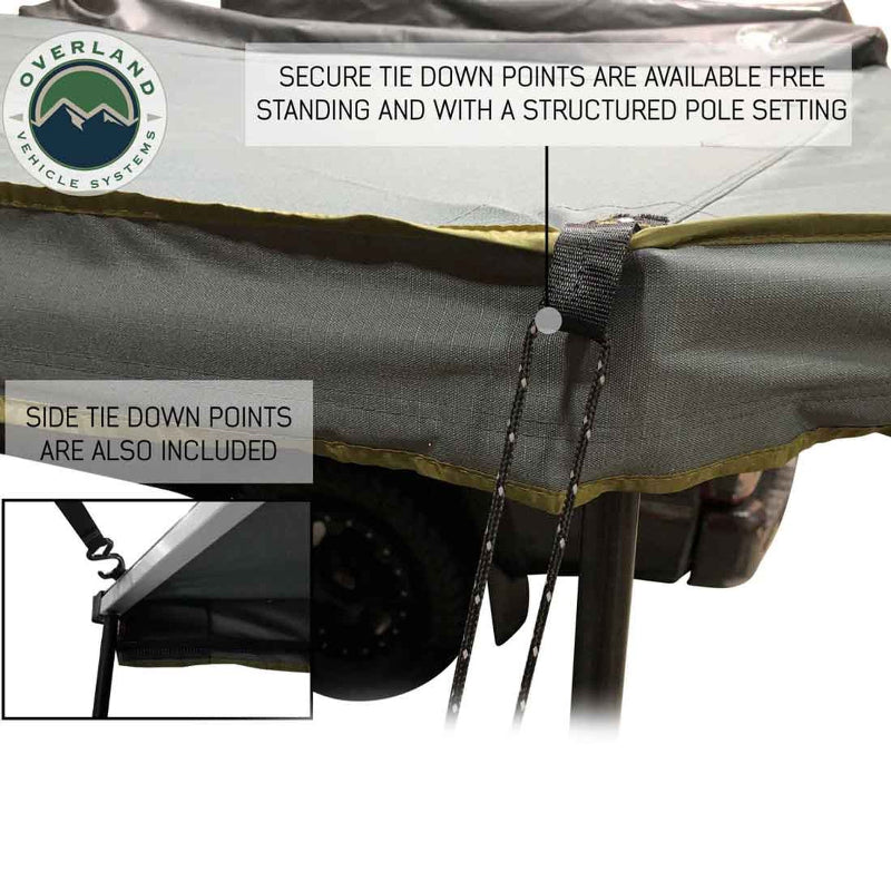 Image of the OVS Nomadic Awning showing the tie-down points for securing the awning, featuring a close-up of a main tie-down point and an inset image of a side tie-down point
