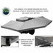 Image of the OVS Nomadic 270 Awning fully deployed on a trailer, showcasing its light grey, poleless design with reinforced hinges and heavy-duty rafters. Close-up insets show the aluminum frame box extrusion with stainless steel hardware