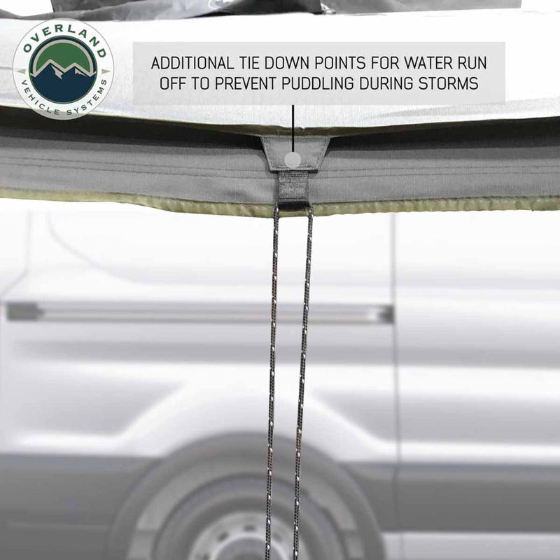 Image of the OVS Nomadic Awning showing an additional tie-down point used for water runoff to prevent puddling during storms