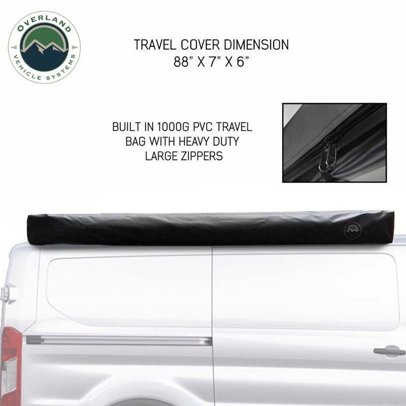 Image of the OVS Nomadic Awning in its black travel cover, mounted on top of a white van. The image includes text with the travel cover dimensions and a close-up inset of the heavy-duty zipper