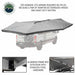 Image of the OVS Nomadic 270 Awning fully deployed on the rear and side of a vehicle, highlighting its poleless design. The image includes close-up insets of the reinforced hinges, heavy-duty rafters, and aluminum frame box extrusion with stainless steel hardware