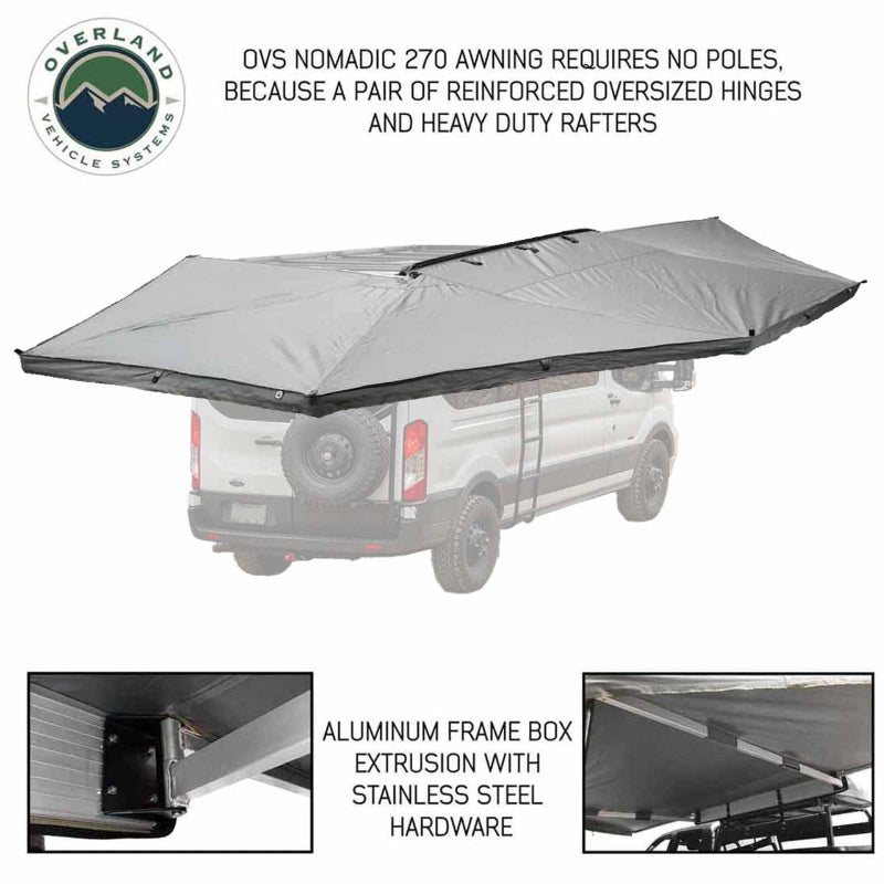 Image of the OVS Nomadic 270 Awning fully deployed on the rear and side of a vehicle, highlighting its poleless design. The image includes close-up insets of the reinforced hinges, heavy-duty rafters, and aluminum frame box extrusion with stainless steel hardware