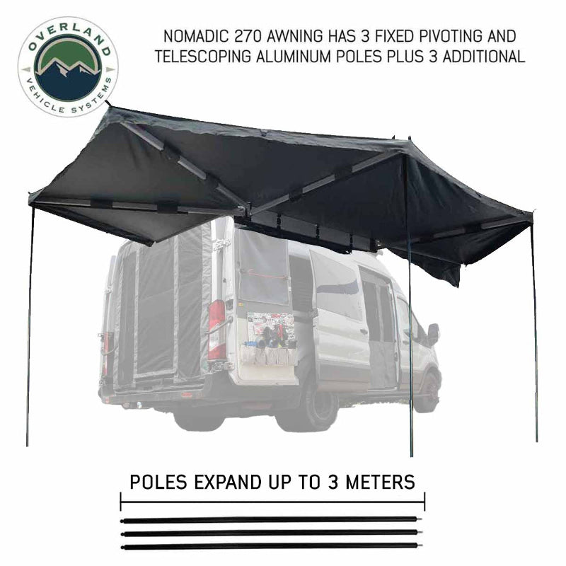 Image of the OVS Nomadic 270 Awning fully deployed on the side and rear of a vehicle, supported by three fixed pivoting and telescoping aluminum poles. An image below shows the poles expanded up to 3 meters