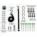 This image displays the full hardware kit for the Nomadic 270 Awning, including: 12 washers, 6 split lock washers, 2 screws, 3 nuts, a 115" length strap, a 16" length tie-down, 4 U-bolts with nuts, 8 sets of shock cord with retention, and 8 heavy-duty ground stakes. The items are neatly arranged and labeled on a white background, showcasing all components necessary for secure installation