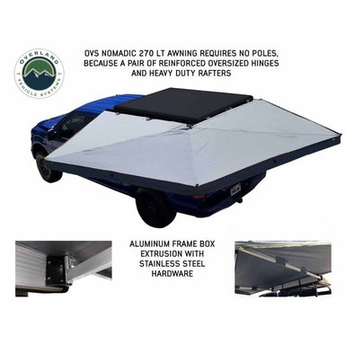Image of an OVS HD Nomadic Awning, fully deployed in a U-shape around a blue vehicle, with a back angled view on a white background. The awning fabric is a light gray with a black underside. The image also includes close-up views of the awning's reinforced hinges and aluminum frame