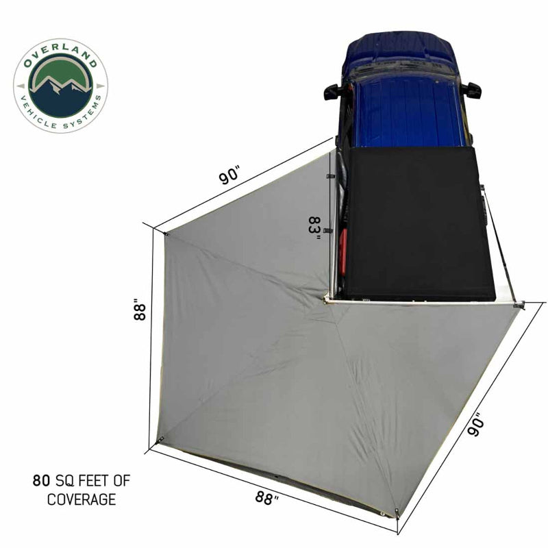 Image of the Overland Vehicle Systems Nomadic Awning from an overhead view, fully deployed and showing its coverage area. The image highlights the 80 square feet of coverage and includes specific dimensions of 90", 83", and 88"