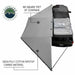 Image of the OVS Nomadic 180° Awning with the optional zip-in wall deployed, showing a top-down view of the gray 280G Poly Cotton Ripstop material and the 88 square feet of coverage