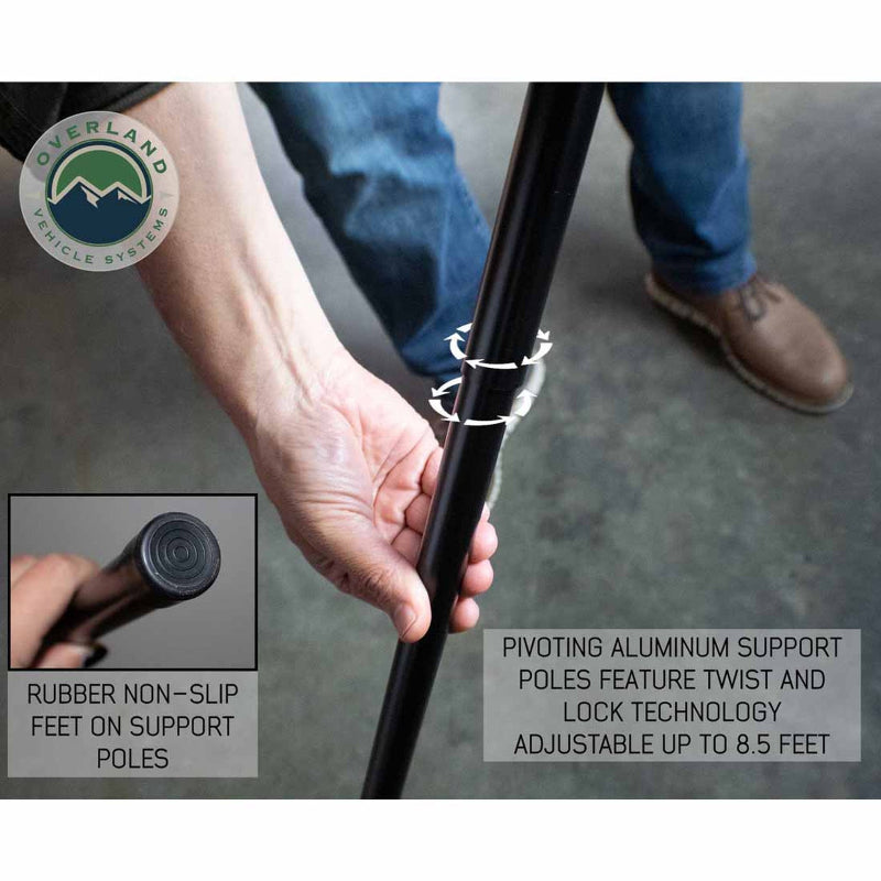 Image of a hand holding a pivoting aluminum support pole for the awning, featuring twist and lock technology and an inset of a rubber non-slip foot