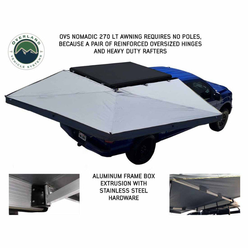 Image of a gray awning fully deployed on a blue pickup truck, with text stating that it's a pole-less design with "reinforced oversized hinges and heavy duty rafters". The image also includes insets showing the "ALUMINUM FRAME BOX EXTRUSION WITH STAINLESS STEEL HARDWARE"