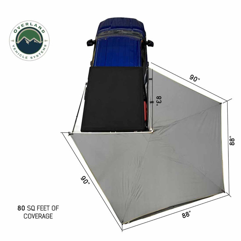 Image of a blue truck with a rooftop tent and a gray awning partially deployed, showing the dimensions and a total of 80 square feet of coverage. The photo is a top-down view with a white background