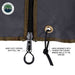 Image detailing an awning's heavy-duty zippers with a pull tab and large grommets with a bungee cord for staking awning walls to the ground.