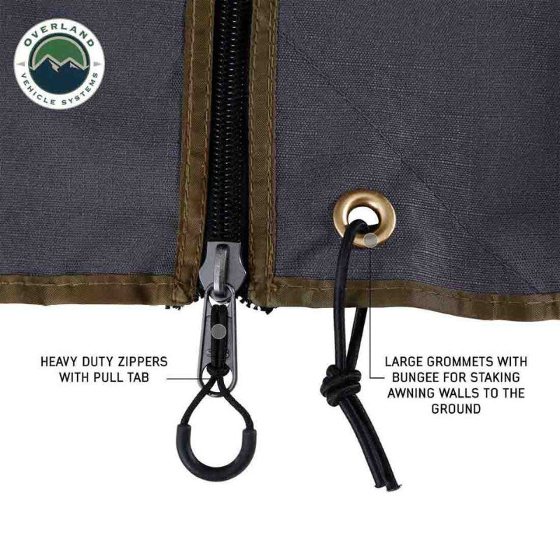Image detailing an awning's heavy-duty zippers with a pull tab and large grommets with a bungee cord for staking awning walls to the ground.
