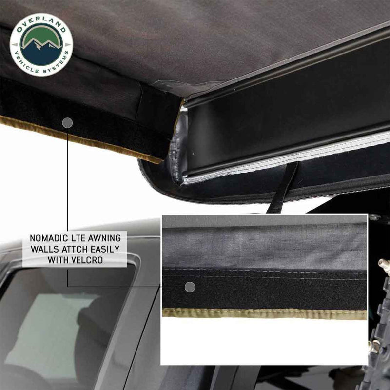 Image showcasing how Nomadic LTE awning walls easily attach with velcro, with a close-up inset demonstrating the velcro connection.