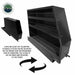 Image of Overland Vehicle Systems Highline slide-out camping storage system showing reversible mounting orientation, black powder-coated steel shelving unit with carpeted shelves, angled front and side views on a white background.