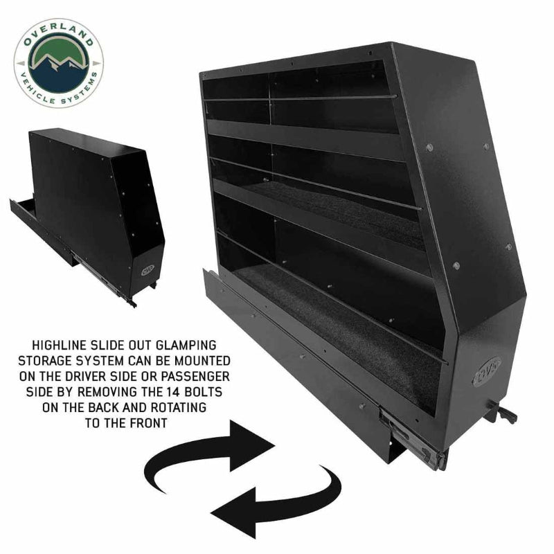 Image of Overland Vehicle Systems Highline slide-out camping storage system showing reversible mounting orientation, black powder-coated steel shelving unit with carpeted shelves, angled front and side views on a white background.