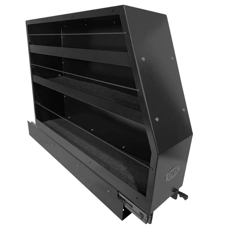 Image of OVS Highline slide-out camping storage system with multiple open shelves, black powder-coated steel construction, angled front and side view on white background.
