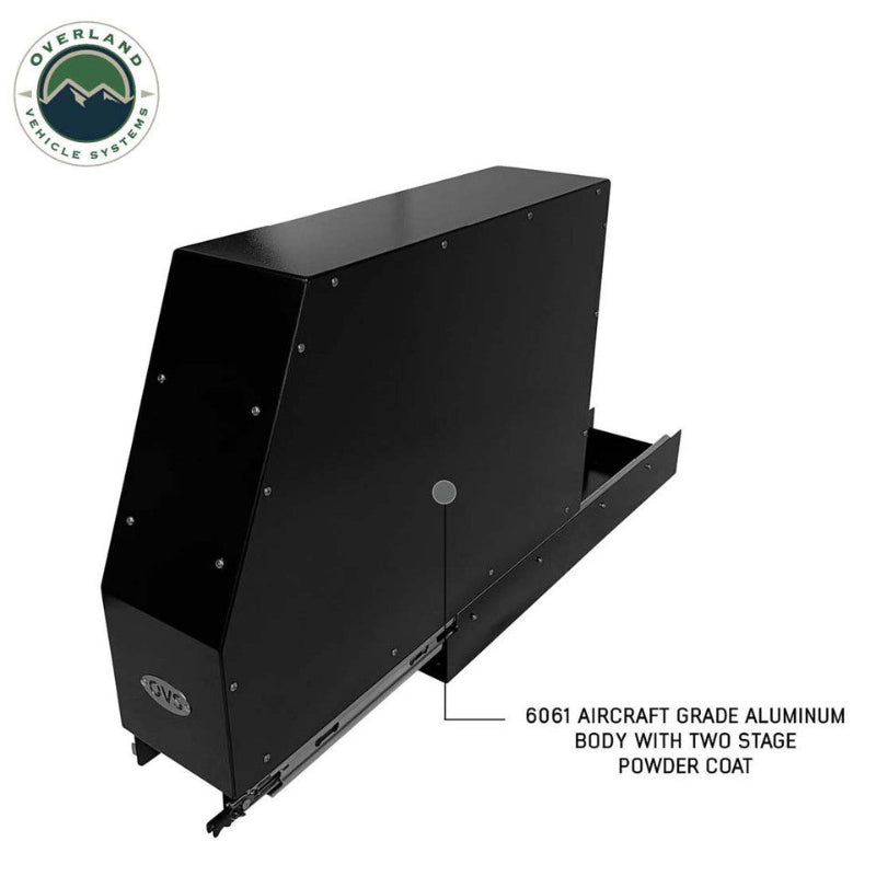 Image of Overland Vehicle Systems Highline slide-out camping storage system with 6061 aircraft-grade aluminum body and black powder-coated finish, rear and side angled view on a white background.