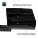 Image of OVS Highline slide-out camping storage system with bungee cord retention rigging and carpet-lined shelves, black steel construction, front view partially extended on white background.