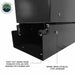 Image of Overland Vehicle Systems slide-out camping storage system corner detail showing marine-grade stainless steel hardware and heavy-duty slide bearings, black powder-coated finish, close-up angled view on a white background.