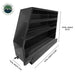 Image of Overland Vehicle Systems slide-out camping storage shelf with three carpet-lined shelves, black powder-coated steel construction, angled front and side view with labeled dimensions on a white background.