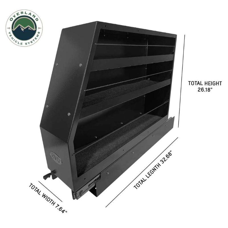 Image of Overland Vehicle Systems slide-out camping storage shelf with three carpet-lined shelves, black powder-coated steel construction, angled front and side view with labeled dimensions on a white background.