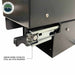 Image of Overland Vehicle Systems slide-out camping storage system bearing detail showing marine-grade stainless steel mil-spec slide bearings and black powder-coated steel housing, close-up angled view on a white background.