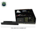 Image of Overland Vehicle Systems slide-out camping storage system fully extended with organized gear on multi-level shelves, black powder-coated steel construction, side view showing full extension on a white background.
