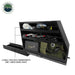 Image of Overland Vehicle Systems slide-out camping storage system partially extended with organized recovery gear in two small upper shelves and one large lower cargo shelf, black powder-coated steel, angled side view on a white background.