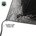 Image of OVS hub-style camping tent base detail showing stake-down loops and tie-down straps for securing the external tarp, black and gray fabric, close-up angled view on a white background.