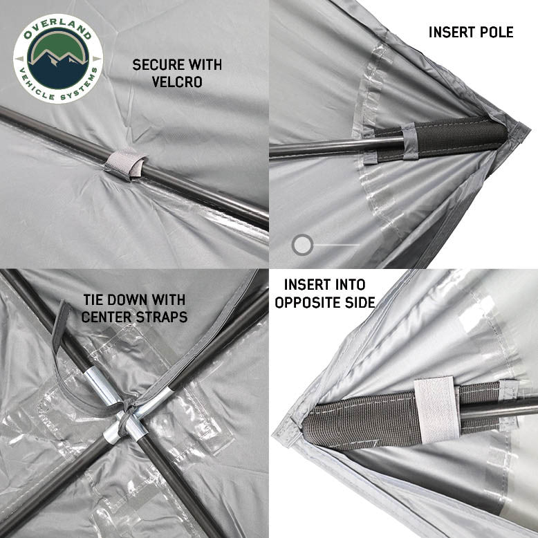 Image of OVS hub-style camping tent rainfly assembly steps showing pole insertion, Velcro fastening, and center strap tie-downs, close-up detail views on a white background.