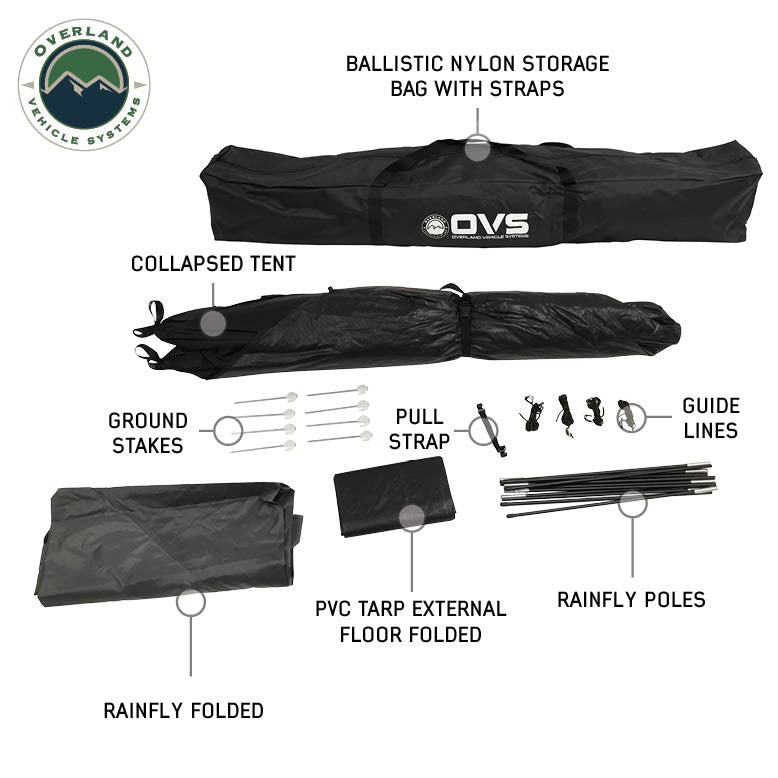 Image of OVS hub-style camping tent complete kit showing collapsed tent, rainfly, PVC floor, poles, stakes, guide lines, and ballistic nylon storage bag, laid out neatly on a white background.