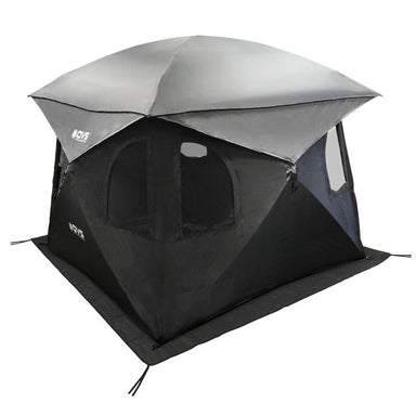 Image of OVS hub-style camping tent fully set up, black and gray fabric with mesh windows, angled front and side view on a white background.