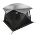 Image of OVS hub-style camping tent fully set up, black and gray fabric with mesh windows, angled front and side view on a white background.