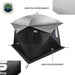 Image of OVS hub-style camping tent highlighting 420D polyester rainfly and body construction, black and gray fabric with material callouts, angled front and side view on a white background.