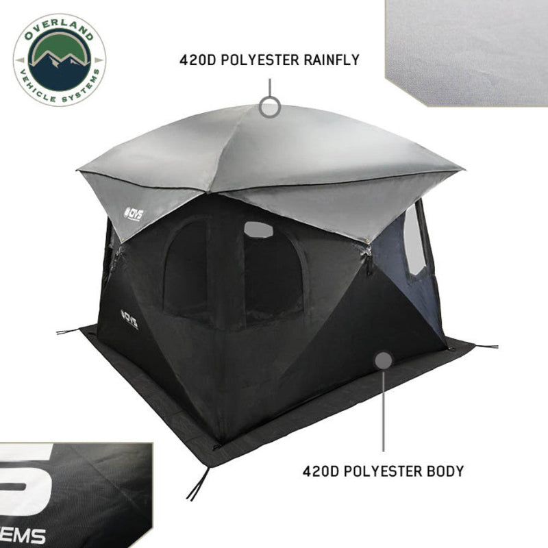 Image of OVS hub-style camping tent highlighting 420D polyester rainfly and body construction, black and gray fabric with material callouts, angled front and side view on a white background.