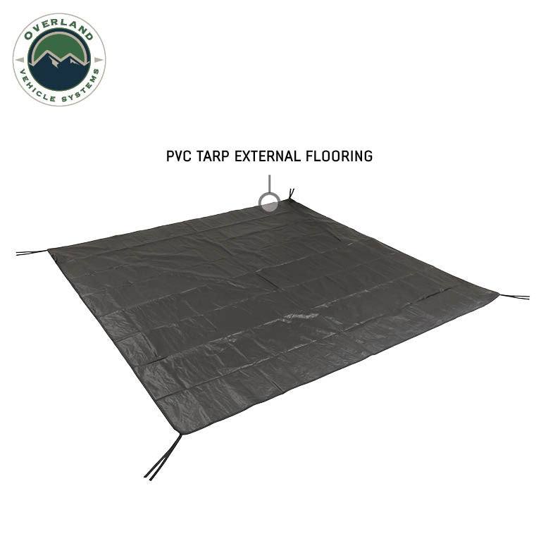 Image of OVS PVC tarp external tent flooring laid flat, black waterproof material with tie-down corners, top-down angled view on a white background.