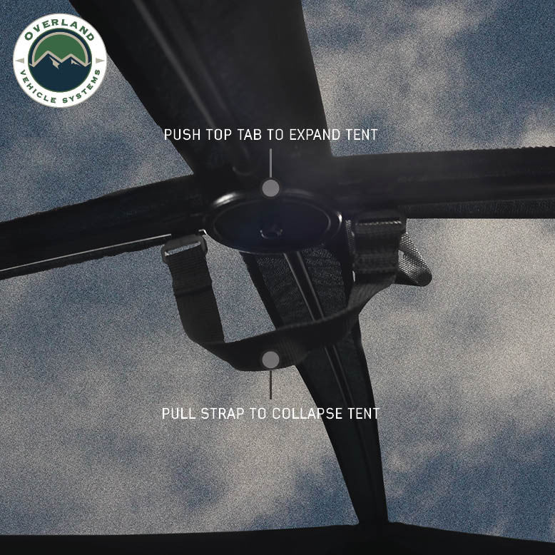 Image of OVS hub-style tent interior mechanism showing push-button hub and pull strap system for expanding and collapsing the tent, close-up angled view on a neutral background.