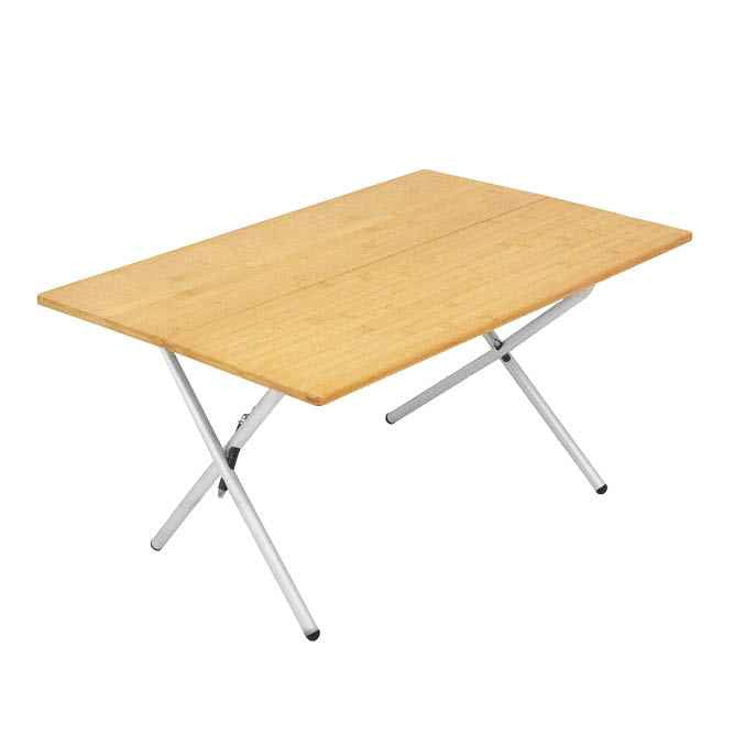 Image of OVS Kick It bi-fold camp table with natural wood tabletop and silver folding legs, lightweight portable design shown in an angled front view on a white background.